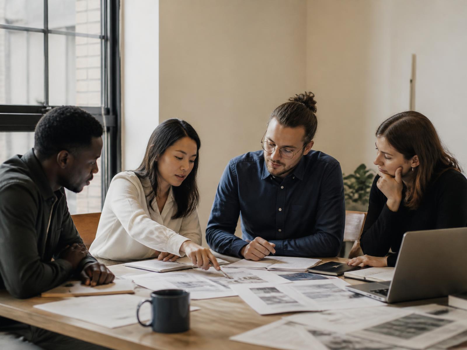An international team reviewing research material together at a studio table