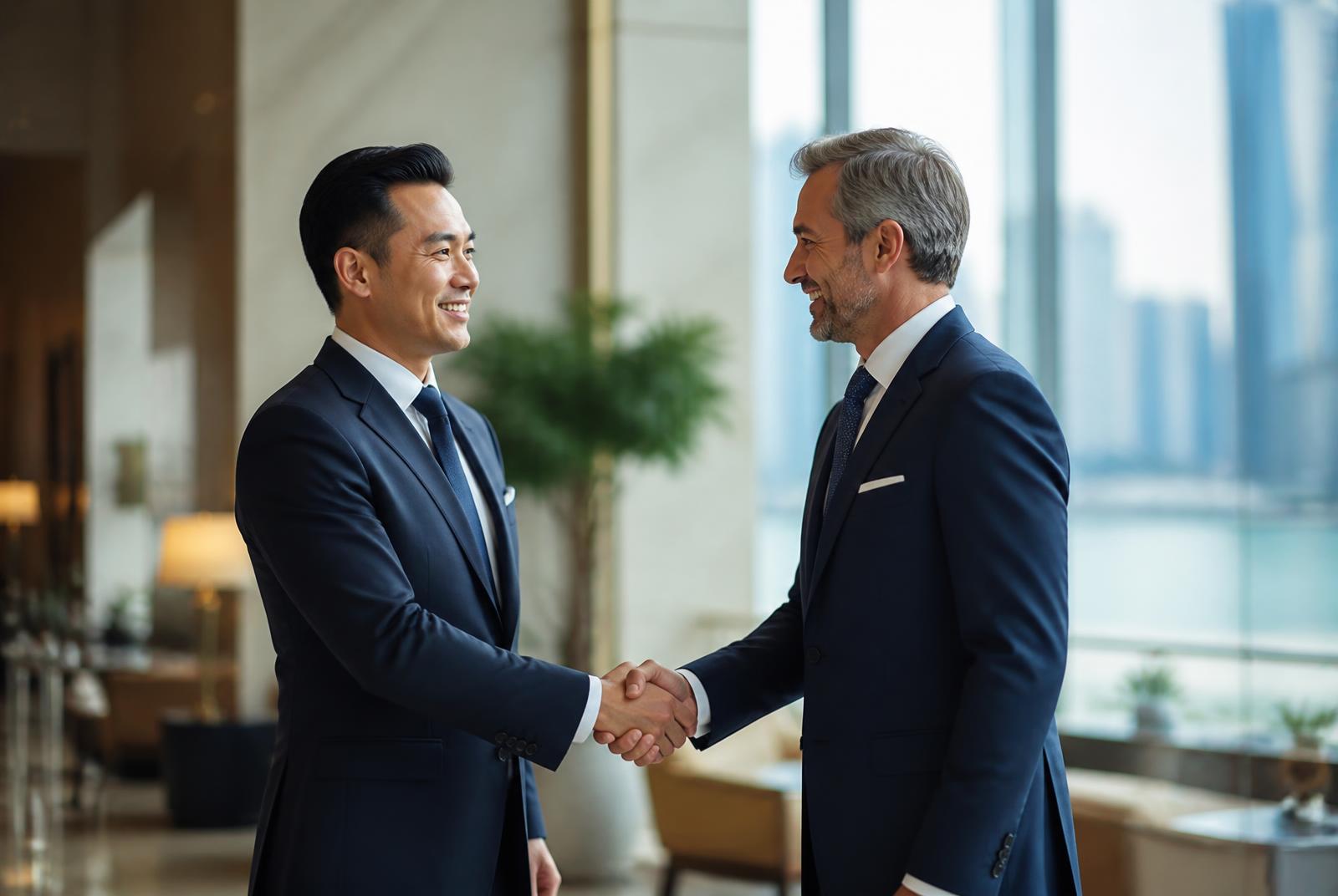 Two international business partners shaking hands in a light-filled modern office lobby