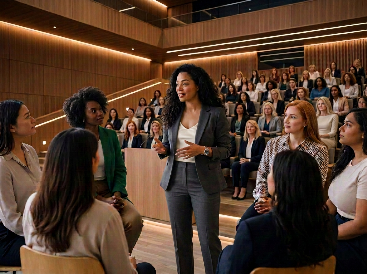 A woman leading a professional workshop discussion with an international group