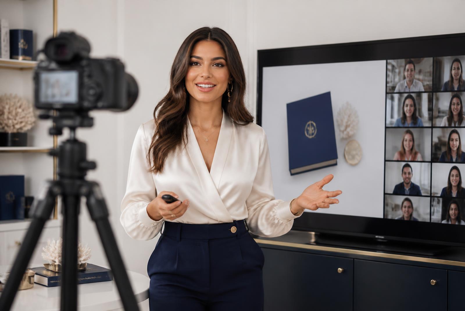 A digital entrepreneur presenting a live webinar from a modern studio with a ring light and streaming interface