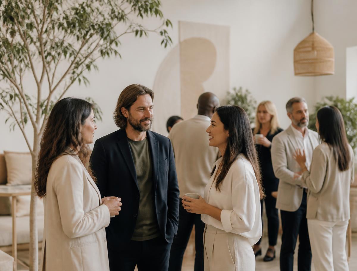 Professionals in conversation at a modern wellness innovation event