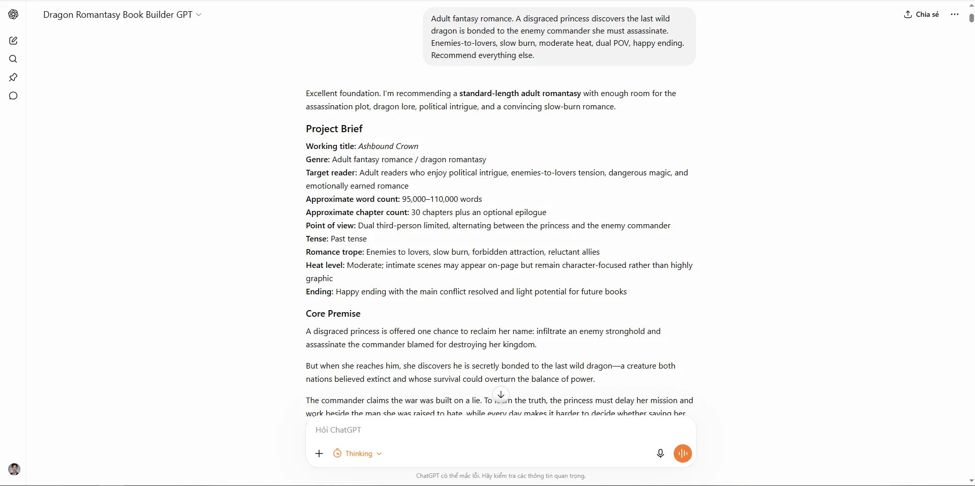 Dragon Romantasy Book Builder interface showing a single-sentence story premise being entered as the starting input