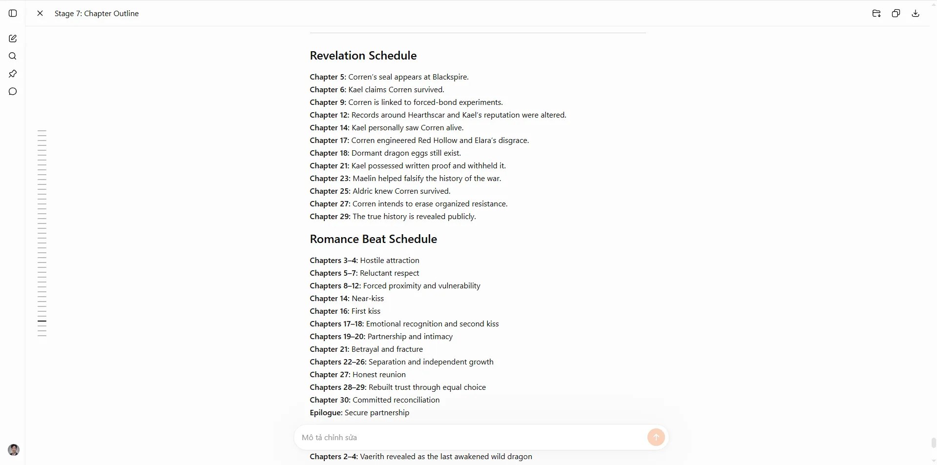 Dragon Romantasy Book Builder output showing a romance progression map alongside a secrets schedule and dragon arc