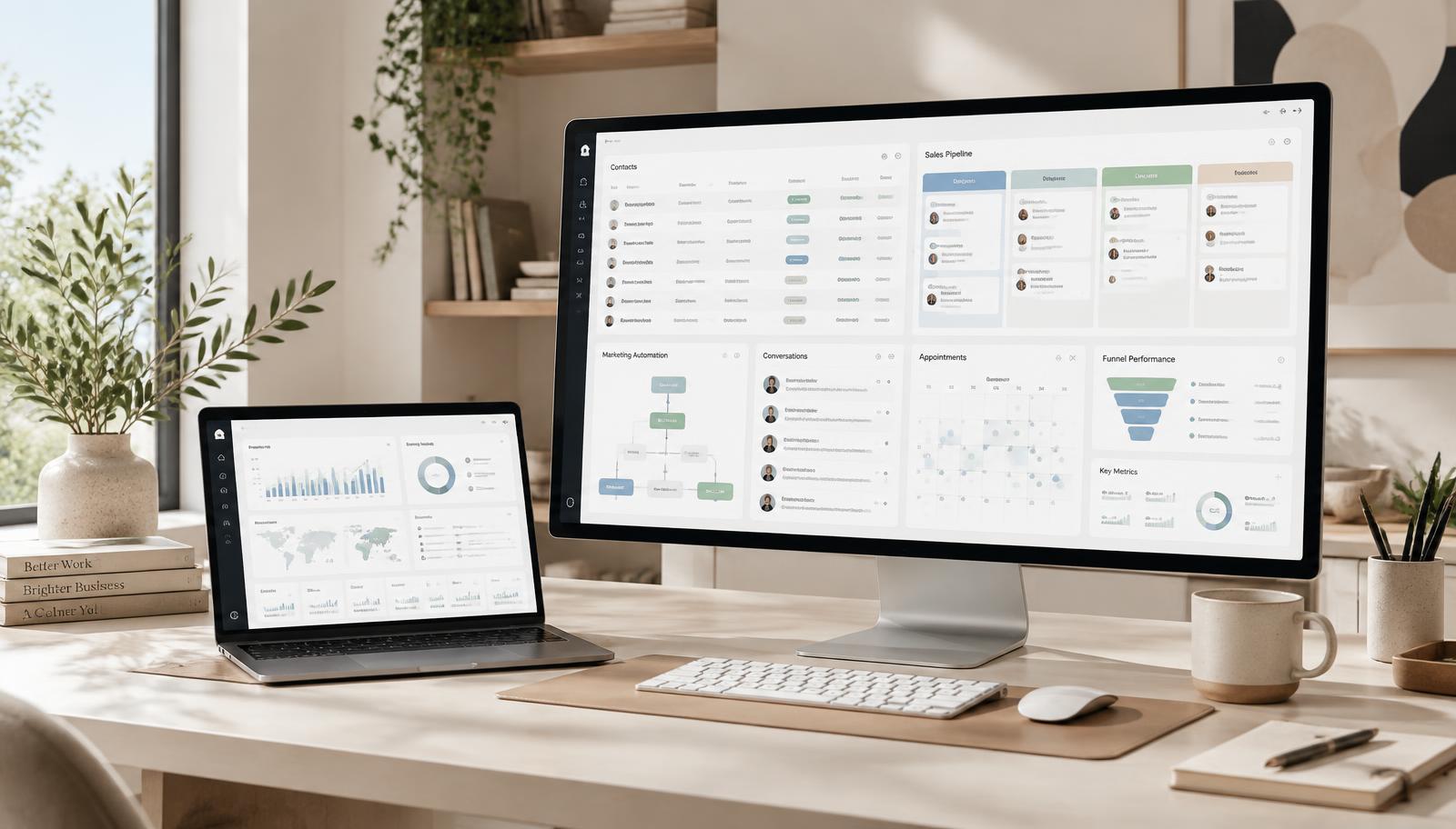 Original illustration of an all-in-one CRM dashboard with contacts, sales pipeline, automation, messages, calendar, funnels and analytics