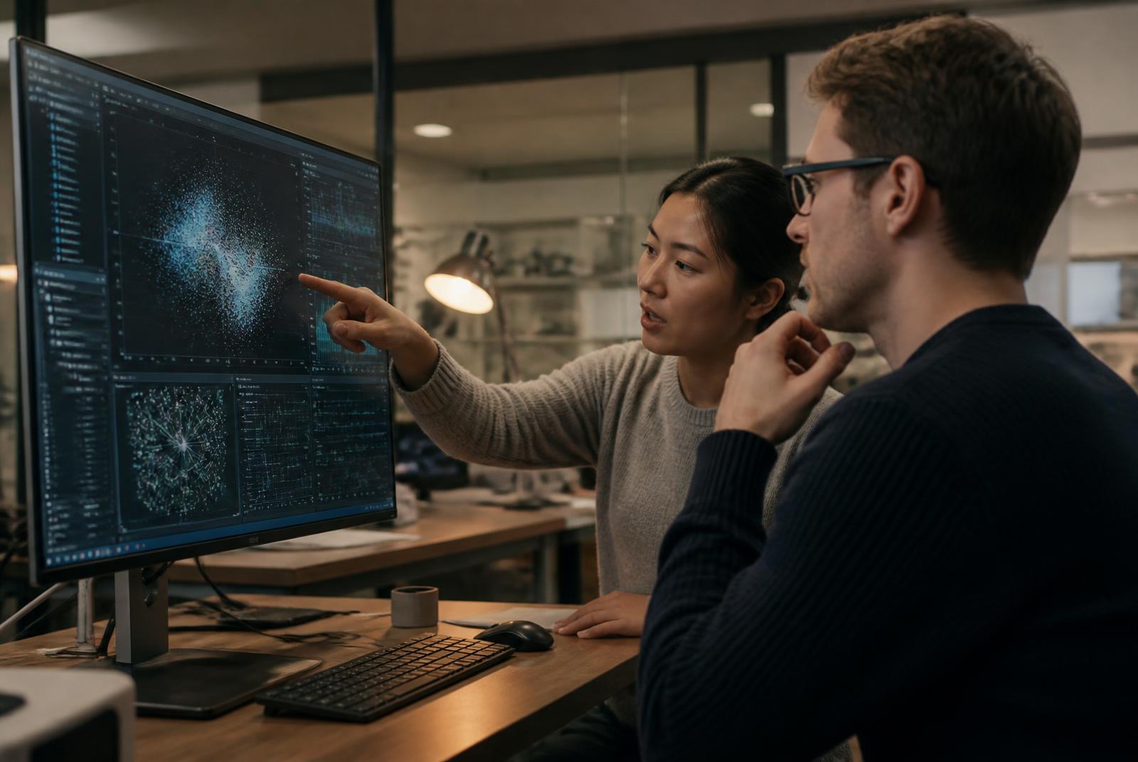 Two technology professionals reviewing a data interface in an innovation lab