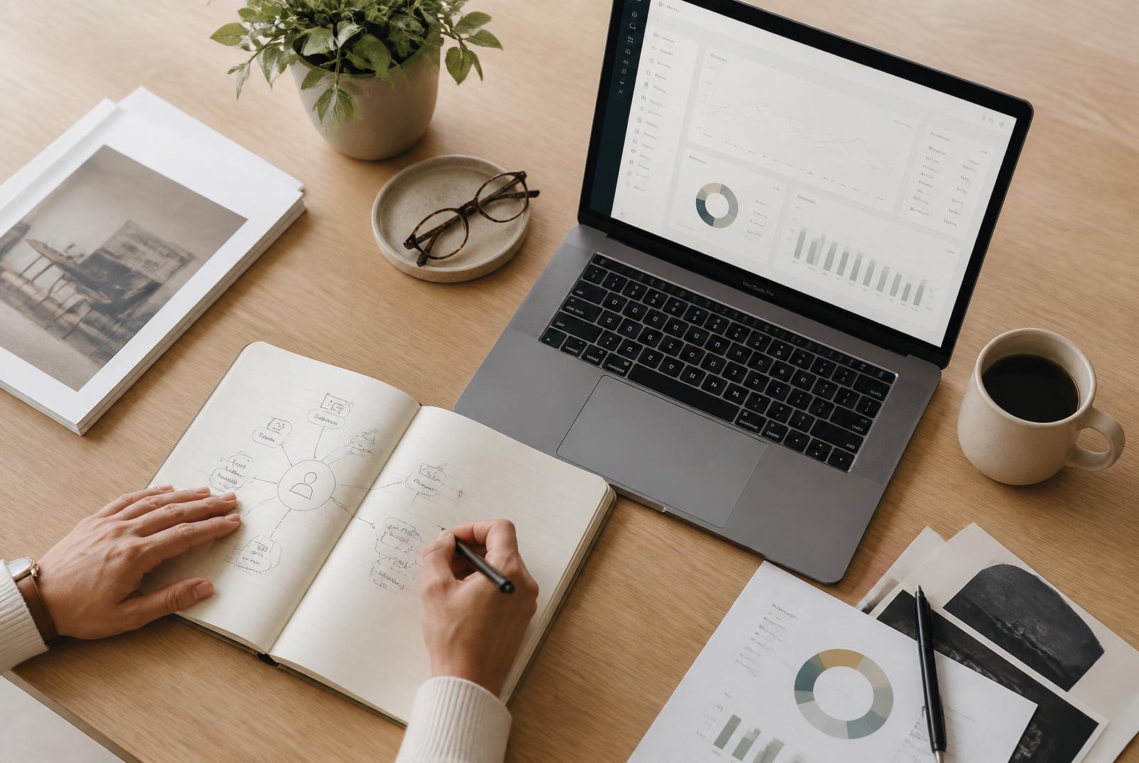 Overhead view of a desk where a marketer sketches a distribution channel diagram beside a laptop showing analytics