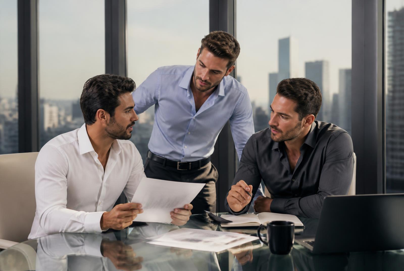Three international business colleagues reviewing performance reports in a modern boardroom overlooking a city skyline
