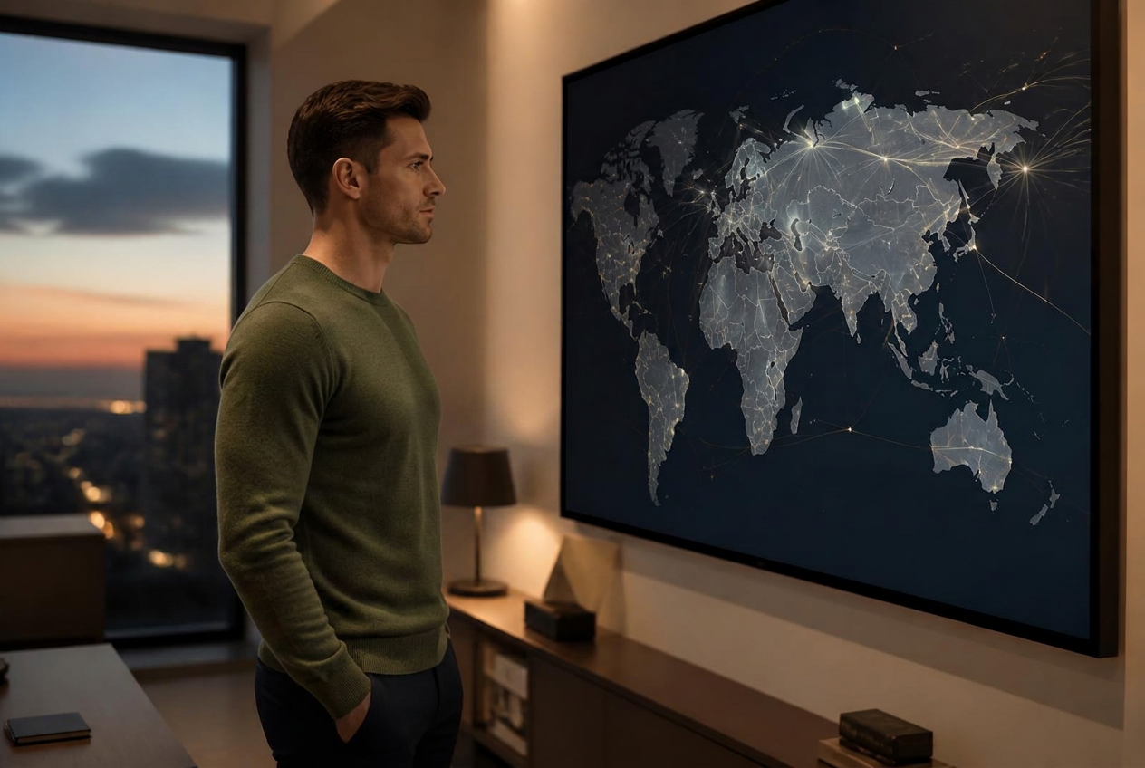 A business executive studying a large display of global network connections in a modern office at dusk