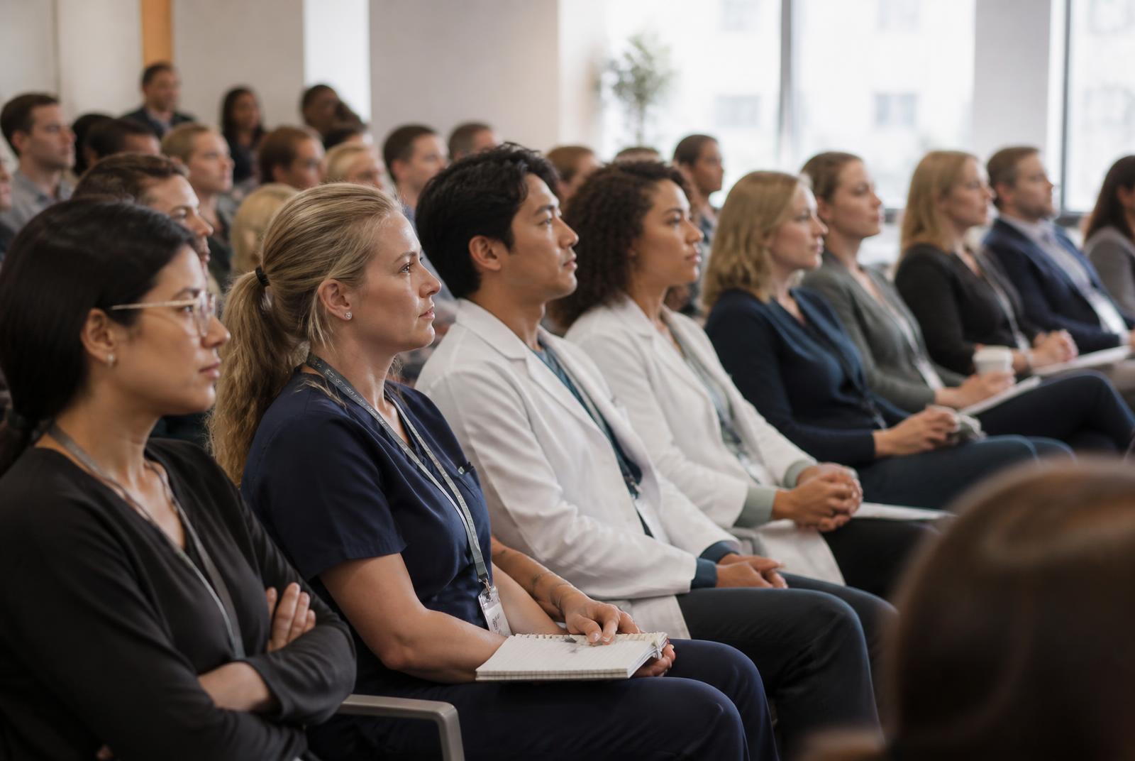 Healthcare professionals attending a continuing education seminar