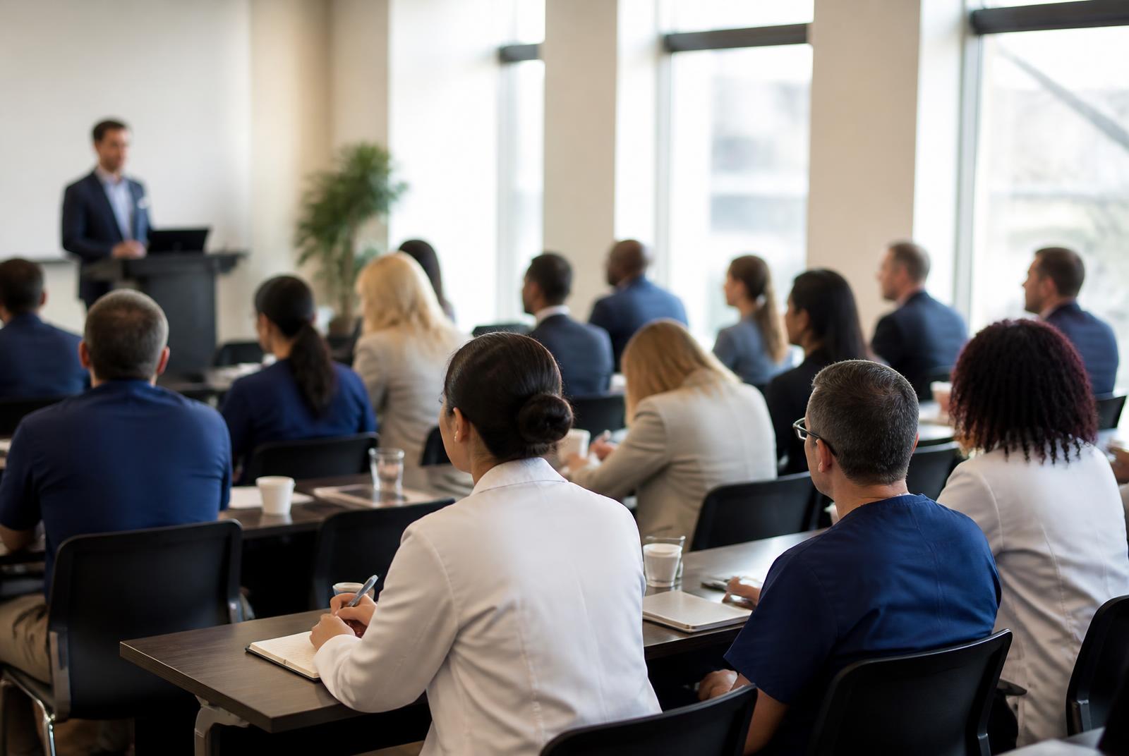 Medical professionals seated at long tables taking notes during a continuing education session