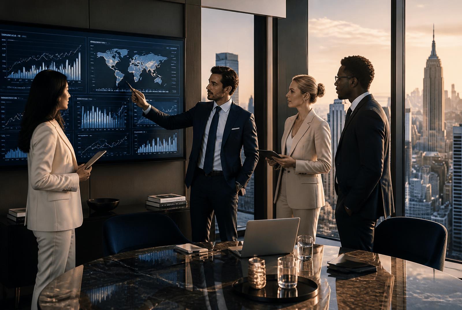 International business professionals reviewing global growth dashboards in a modern boardroom at golden hour