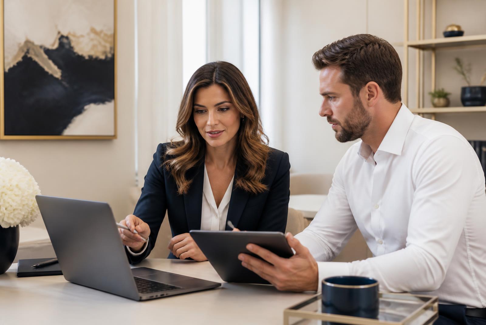 Two business professionals reviewing partnership performance data on a laptop and tablet in a bright modern office