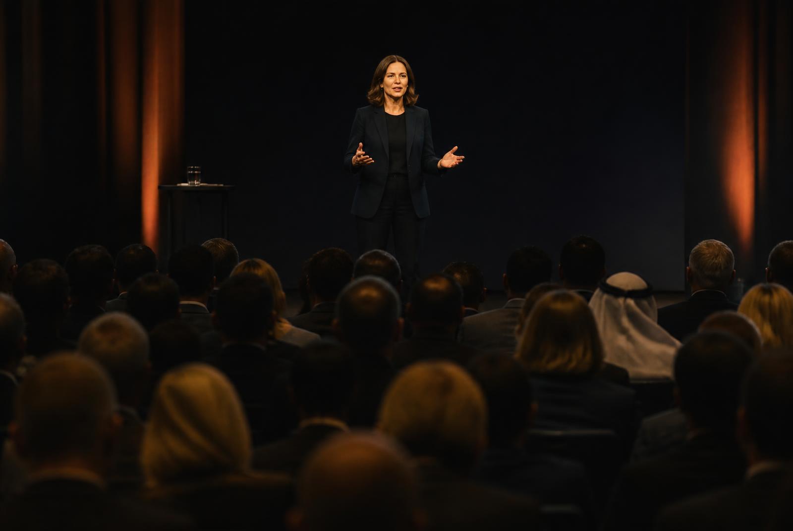 A keynote speaker addressing an international summit audience