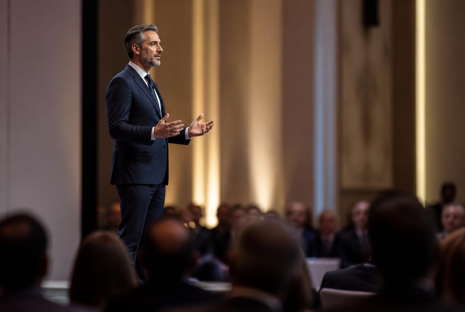 A keynote speaker on stage addressing delegates at an international business summit