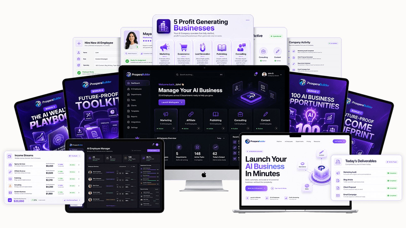 Official ProsperaBuilder product graphic showing the platform's AI business departments displayed across a laptop and mobile devices