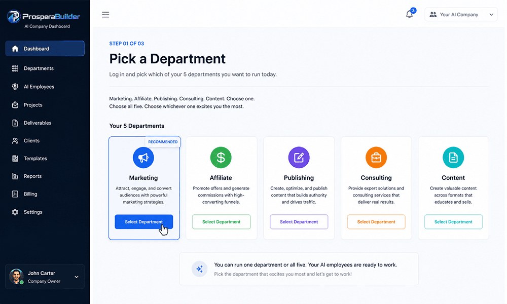 ProsperaBuilder dashboard showing step one, picking one of five departments: Marketing, Affiliate, Publishing, Consulting and Content