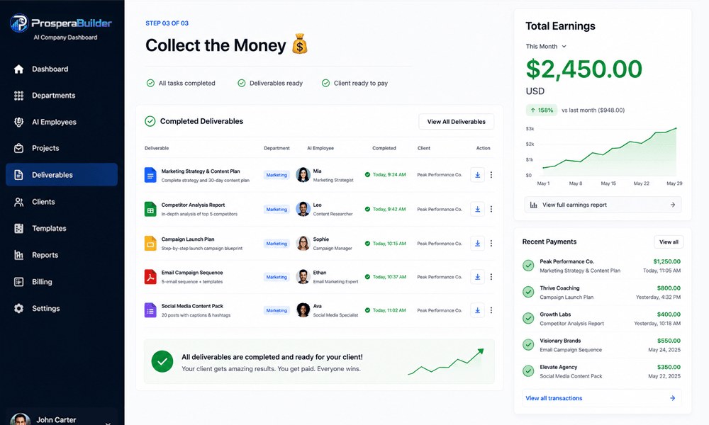 ProsperaBuilder deliverables screen listing completed items such as a marketing strategy, competitor report, campaign plan and email sequence