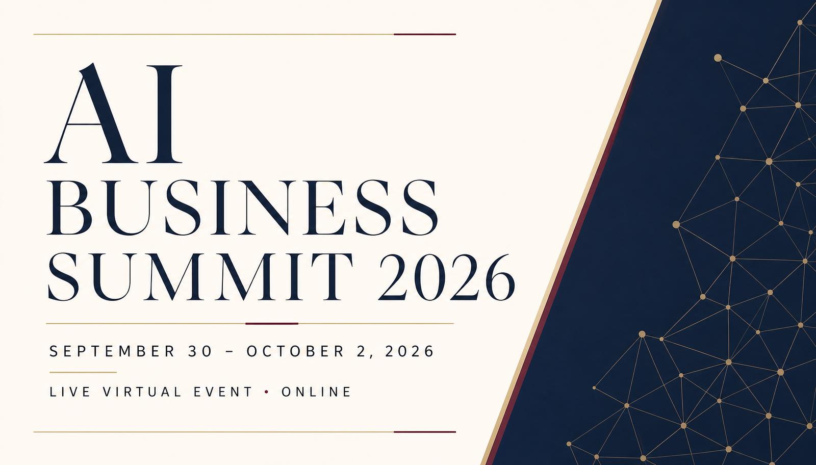 Editorial title graphic for the AI Business Summit 2026 showing the event name and dates, September 30 to October 2, 2026, live virtual event