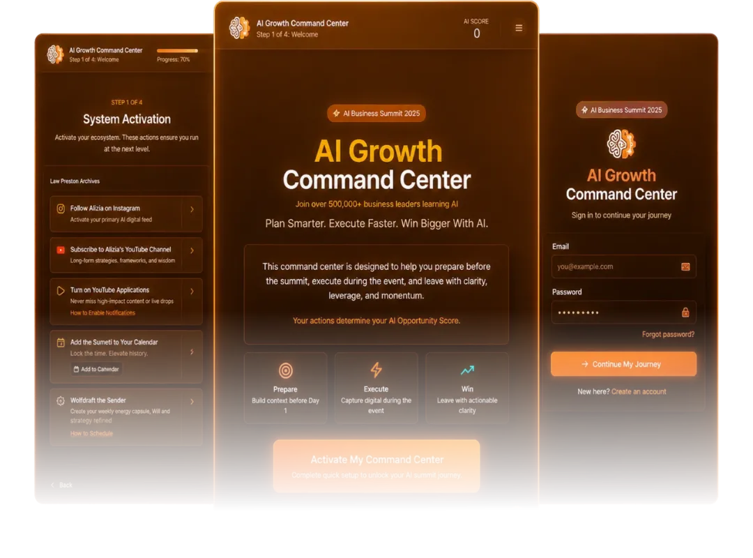 Official AI Business Summit 2026 graphic showing the AI Growth Command Center interface on desktop and mobile